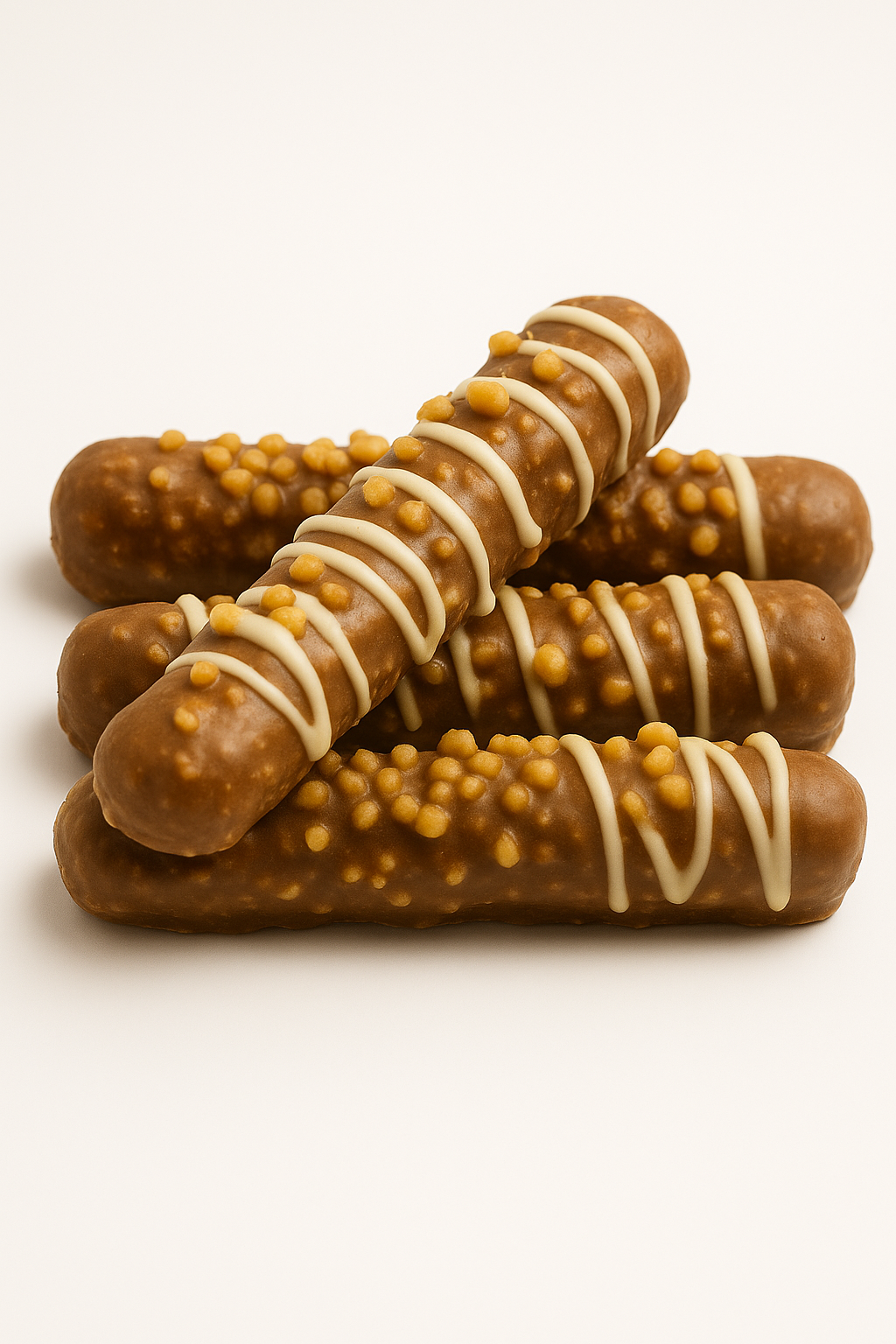 Caramel Dairy Chocolate-Dipped Pretzel Rods with White Chocolate Drizzle and Nut Crunch