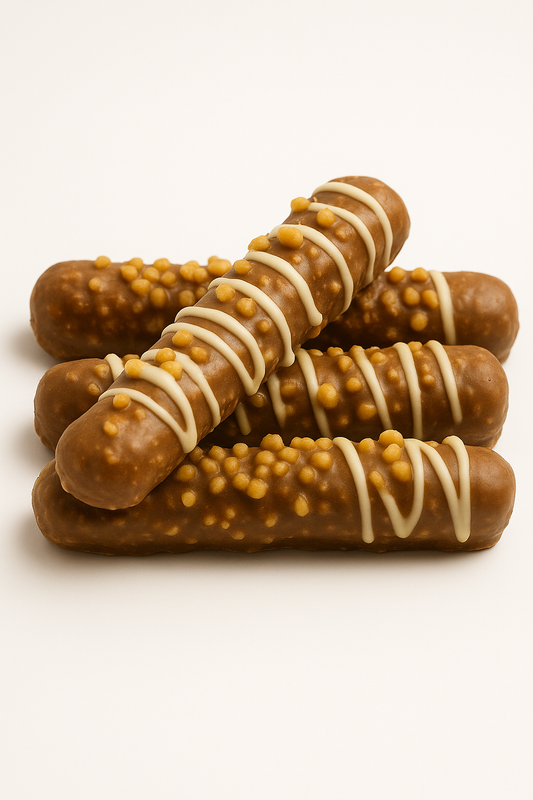 Caramel Dairy Chocolate-Dipped Pretzel Rods with White Chocolate Drizzle and Nut Crunch