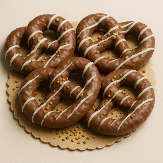 Caramel Dairy Chocolate-Dipped Pretzels with White Chocolate Drizzle and Nut Crunch